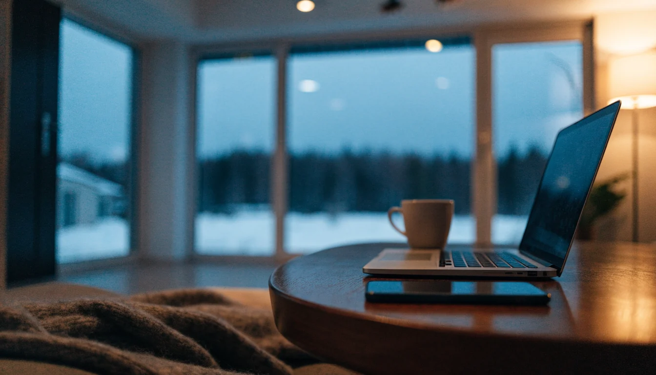 Kodin olohuone, jossa kannettava tietokone ja älypuhuin pöydällä