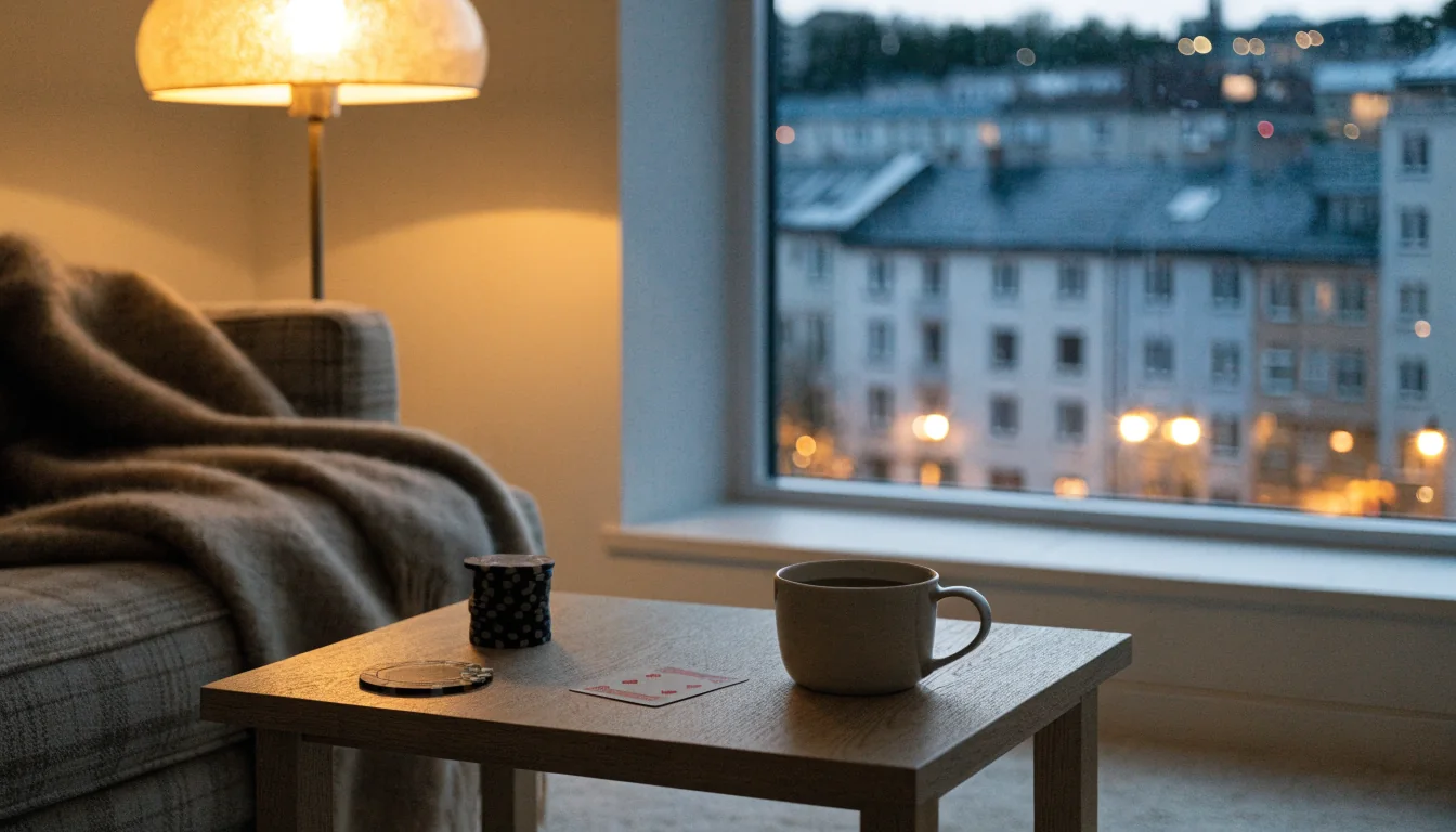 Moderni suomalainen olohuone iltavalaistuksessa, pelimerkkejä ja kortti pöydällä